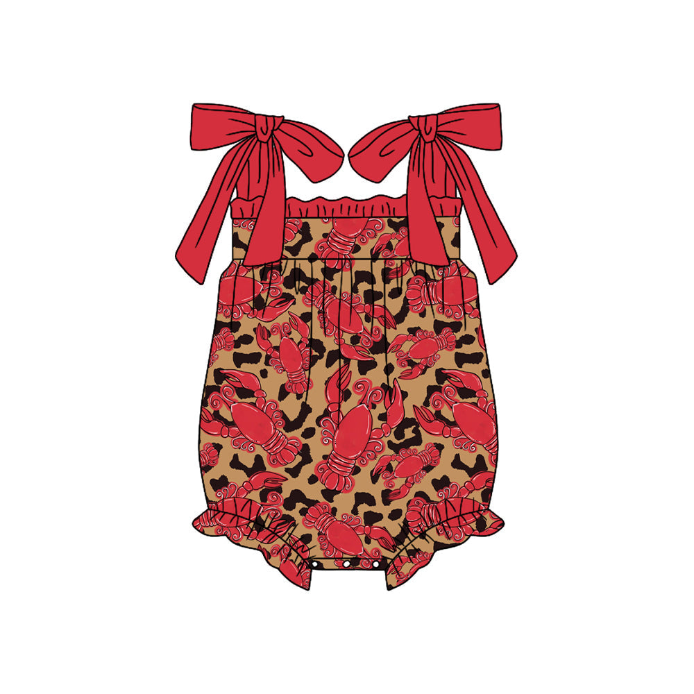 Preorder Baby Girl Infant Straps Red Leopard Crawfish Bubble Romper