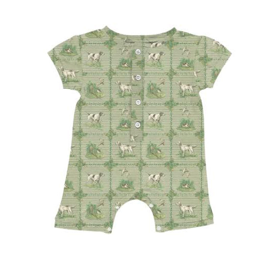 Preorder Baby Boy Infant Short Sleeves Green Dog Hunting Buttons Green Romper