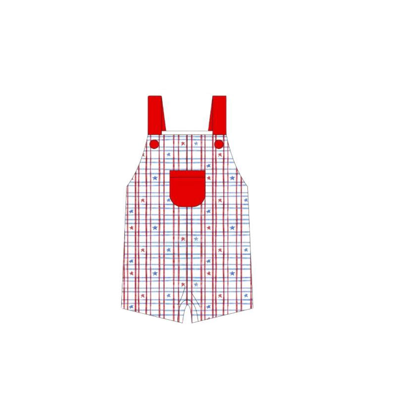 Preorder Baby Boy Infant July 4th Pocket Straps Stars Checked Romper