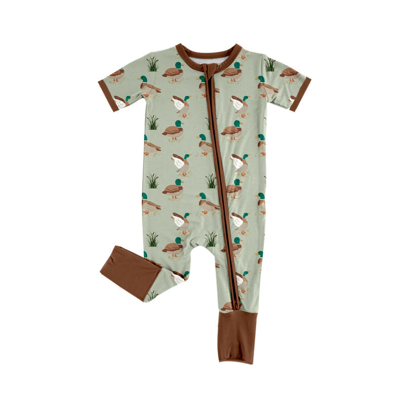 Preorder Baby Boy Infant Short Sleeves Green Ducks Zipper Romper