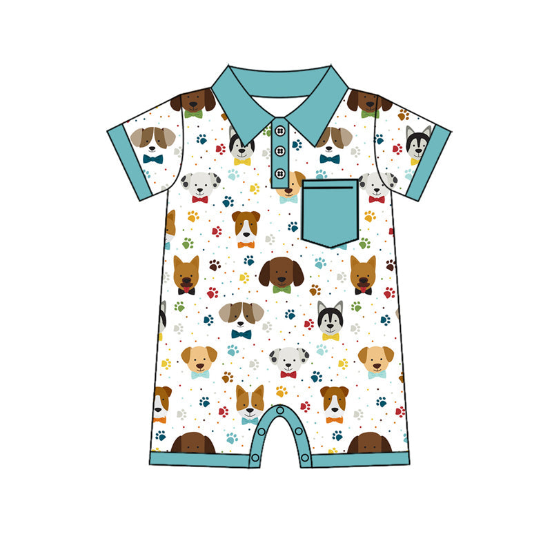 Preorder Baby Boy Infant Short Sleeves Dogs Pocket Buttons Romper