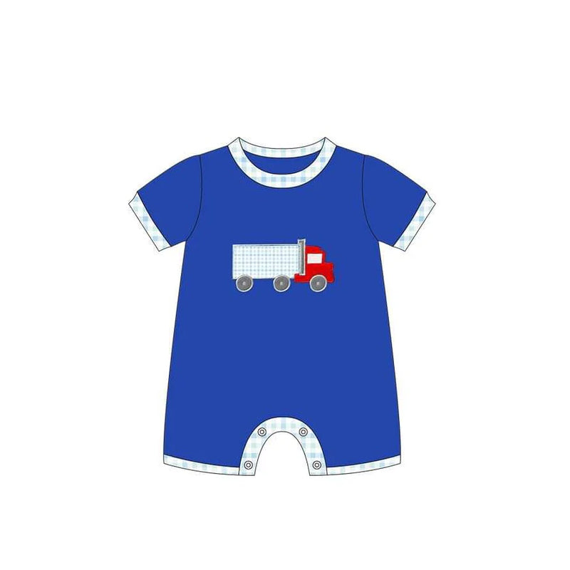 Preorder Baby Boy Infant Blue Short Sleeves Truck Buttons Romper