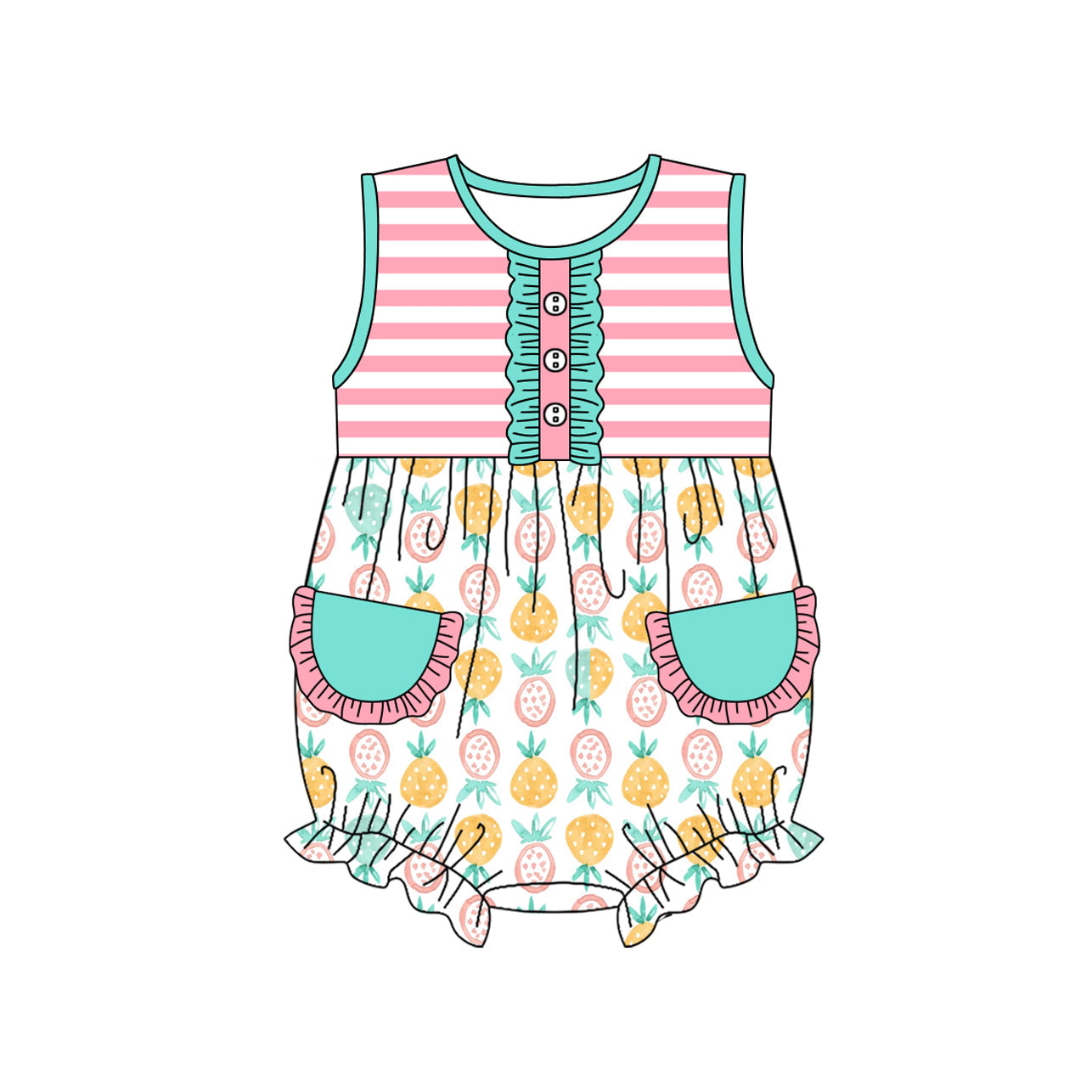 Preorder Baby Girl Infant Sleeveless Stripes Pineapple Pockets Bubble Romper