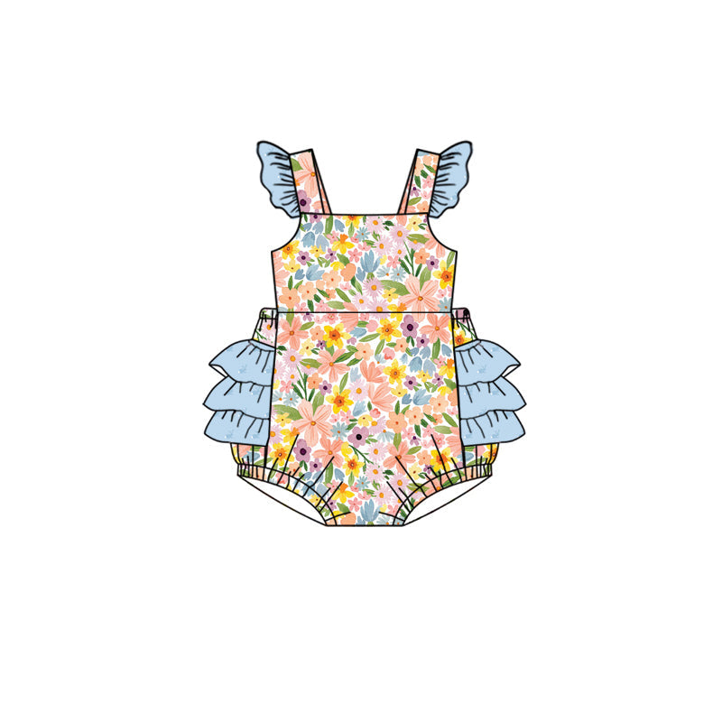 Preorder Baby Girl Infant Straps Flower Ruffle Bubble Romper