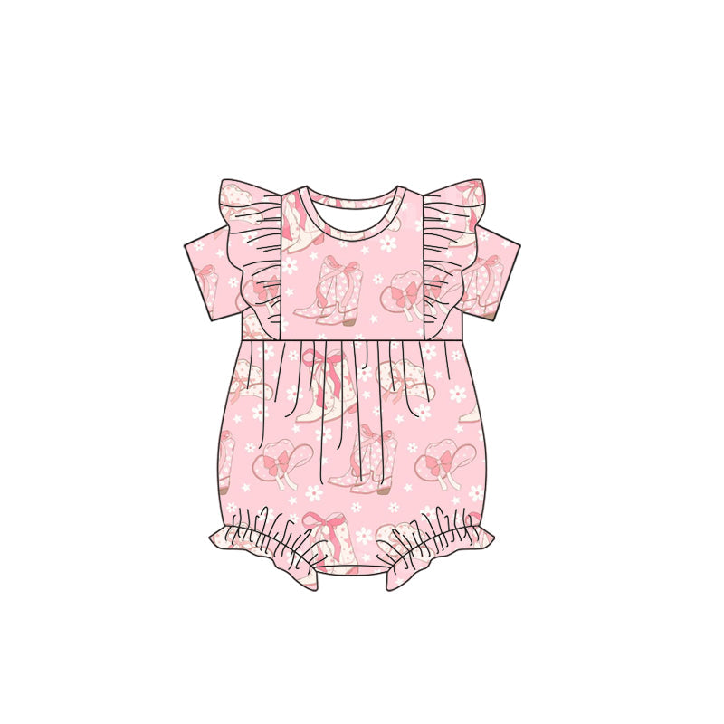 Preorder Baby Girl Infant Short Sleeves Boots Hats Flower Western Bubble Pink Romper