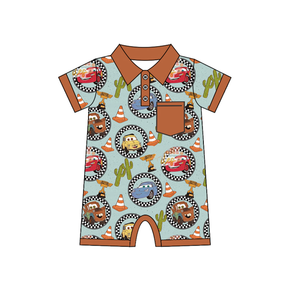 Preorder Baby Boy Infant Short Sleeves Car Cactus Western Buttons Romper