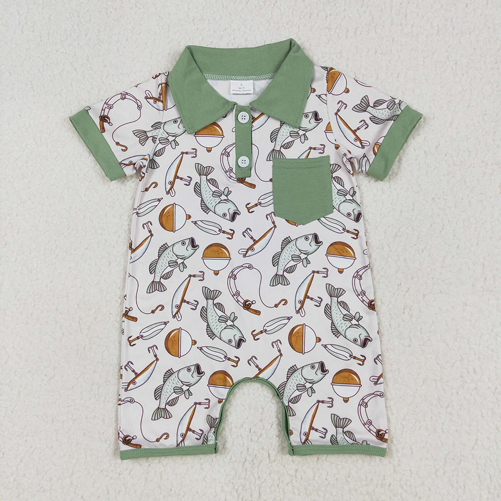 Baby Boy Short Sleeves Green Pocket Sibling Fishing Romper Clothes Set RTS