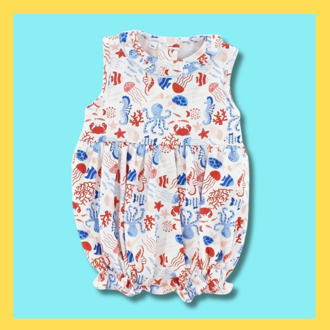 Preorder Baby Boy Infant Sleeveless Fishing Crabs July 4th Bubble Romper