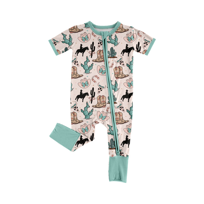 Preorder Baby Girl Infant Short Sleeves Western Rodeo Boots Zipper Romper