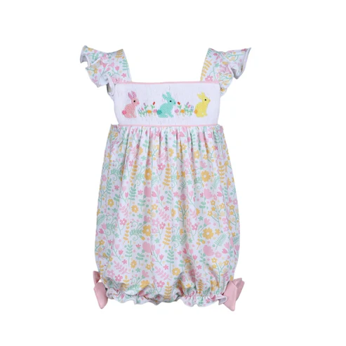 Preorder Baby Girl Infant Short Sleeves Easter Flower Rabbits Bubble Romper