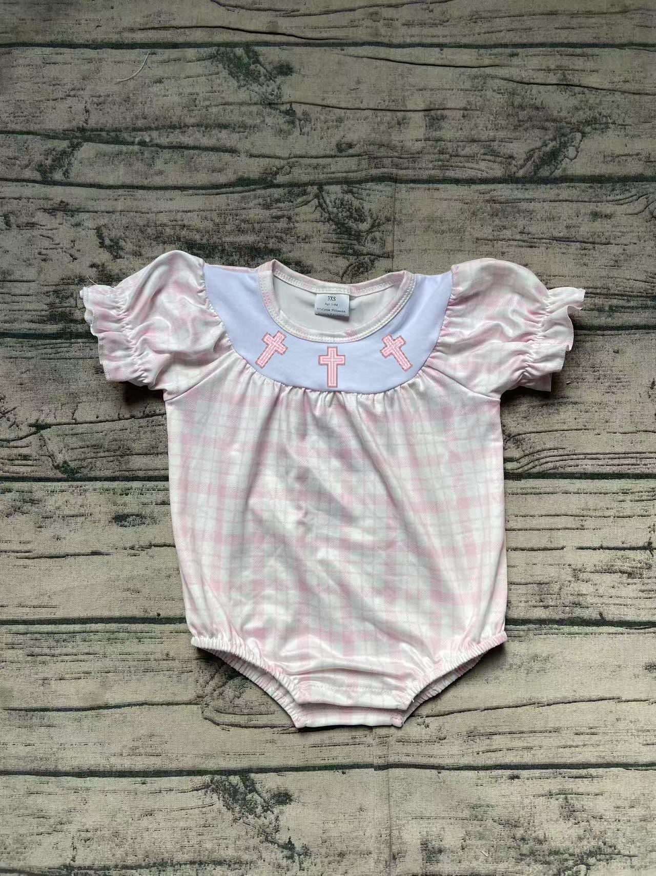 Preorder Baby Girl Infant Short Sleeves Pink Plaid Embroidery Easter Cross Bubble Romper（ No moq ）