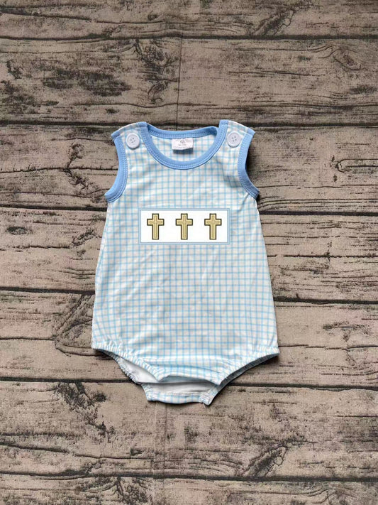 Preorder Baby Boy Infant Sleeveless Blue Plaid Embroidery Easter Cross Bubble Romper（ No moq ）