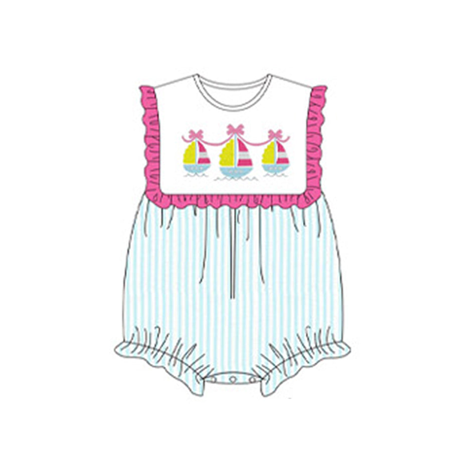 Preorder Baby Girl Infant Blue Stripes Boats Ruffle Bubble Romper