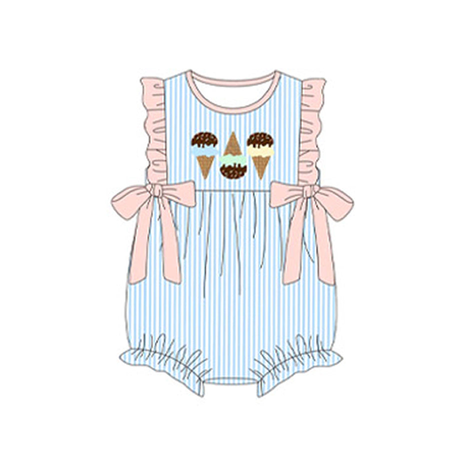 Preorder Baby Girl Infant Short Sleeves Blue Stripes Popsticks Bows Bubble Romper