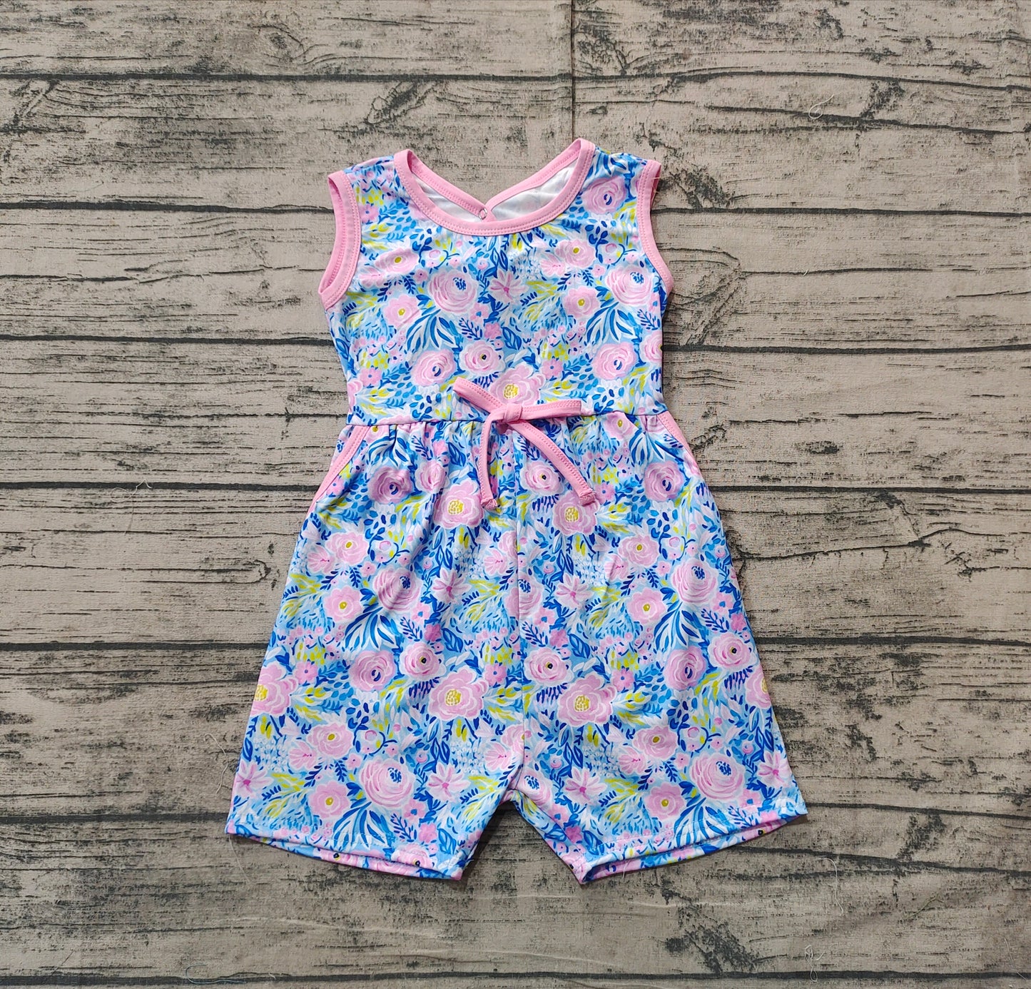 Preorder Baby Girl Sleeveless Flower Bows Pockets Shorts Jumpsuit（ No moq ）