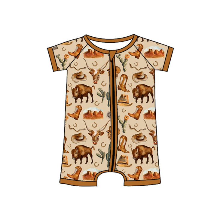 Preorder Baby Boy Infant Short Sleeves Western Cow Zipper Romper