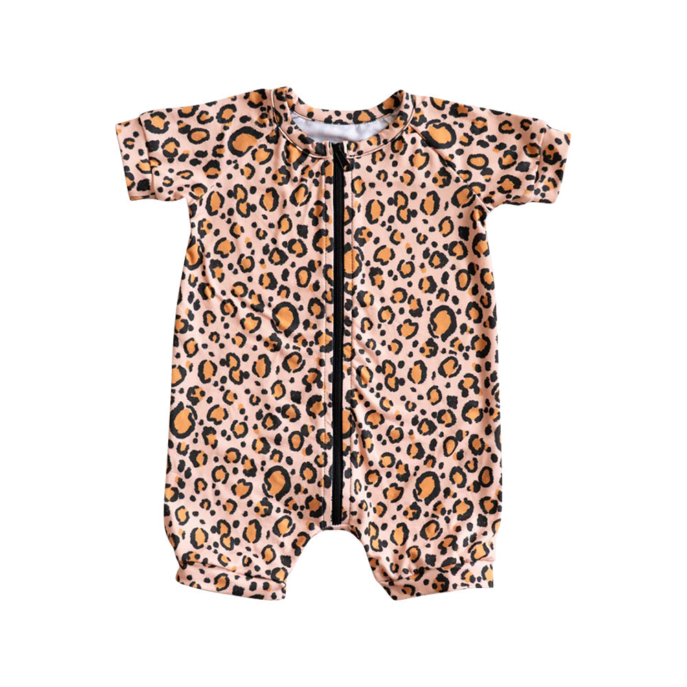 Preorder Baby Girl Infant Short Sleeves Leopard Zipper Romper