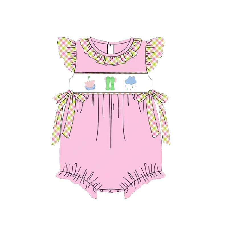 Preorder Baby Girl Infant Short Sleeves Umbrella Rain Bows Pink Bubble Romper