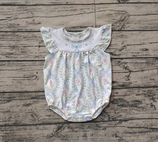 Preorder Baby Girl Infant Short Sleeves Embroidery Bows Flower Bubble Romper（ No moq ）