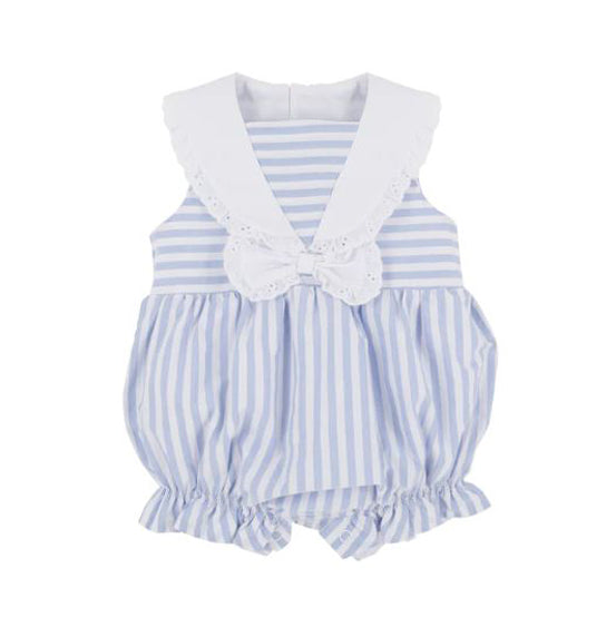 Preorder Baby Girl Blue Stripes Bow Summer Buttons Romper