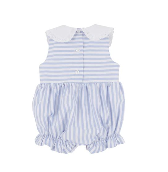 Preorder Baby Girl Blue Stripes Bow Summer Buttons Romper