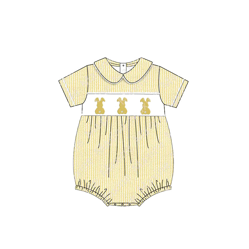 Preorder Baby Boy Infant Short Sleeves Easter Rabbits Yellow Stripes Bubble Romper