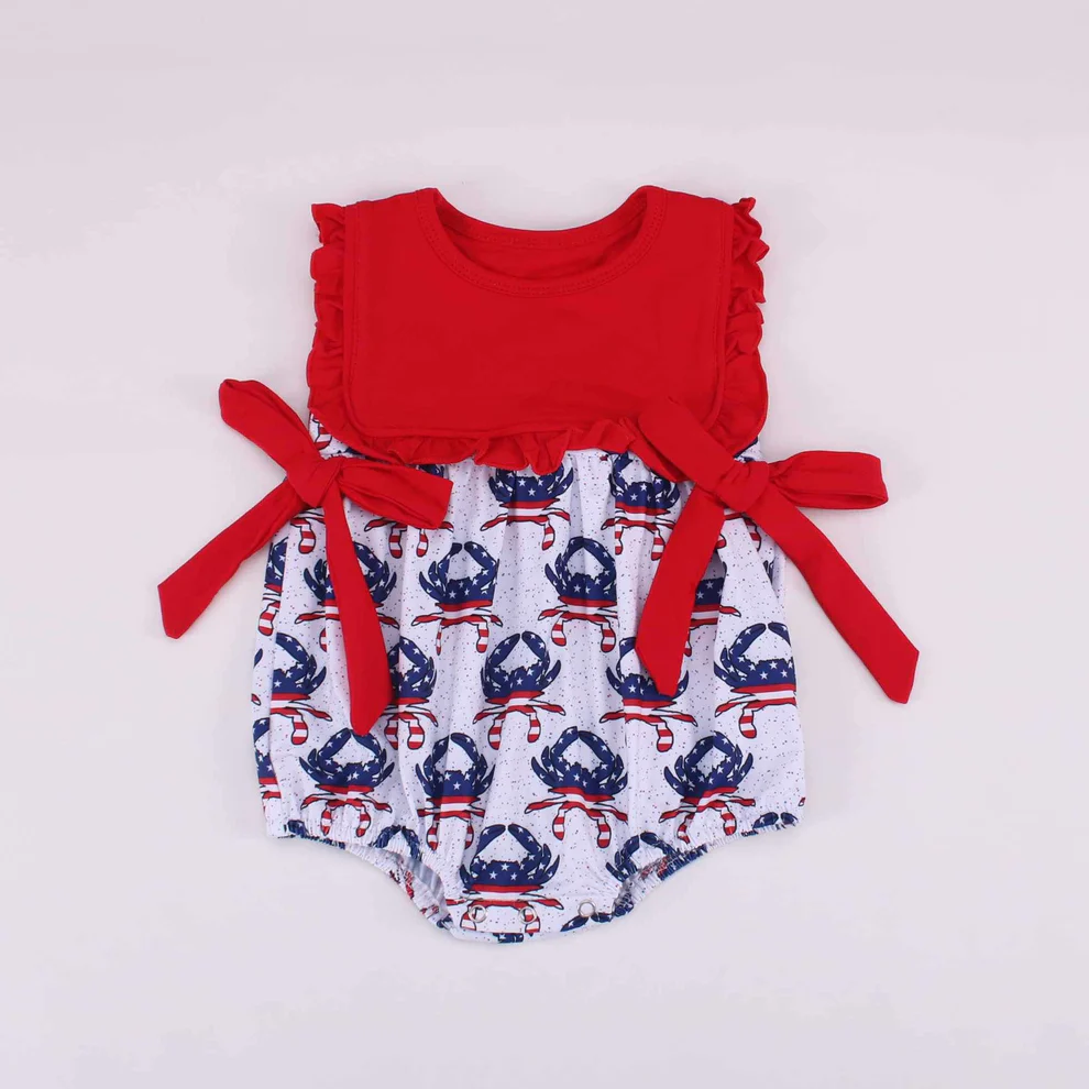 Preorder Baby Girl Infant Sleeveless July 4th Crabs Red Bows Bubble Romper