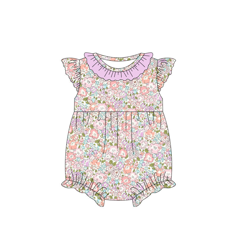 Preorder Baby Girl Infant Short Sleeves Purple Ruffle Bubble Floral Romper