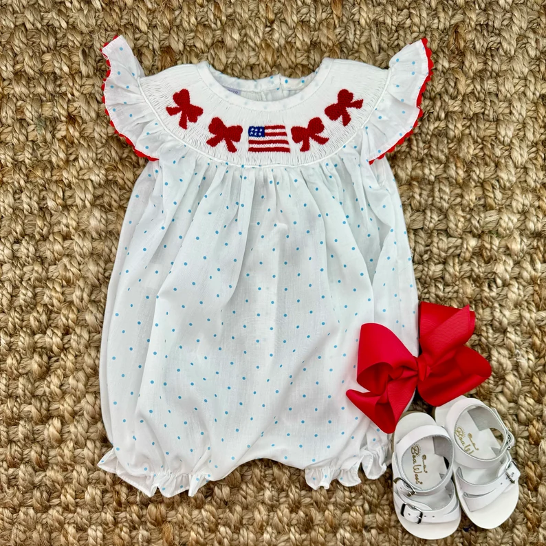 Preorder Baby Girl Infant Short Sleeves July 4th Flag Bows Bubble Romper