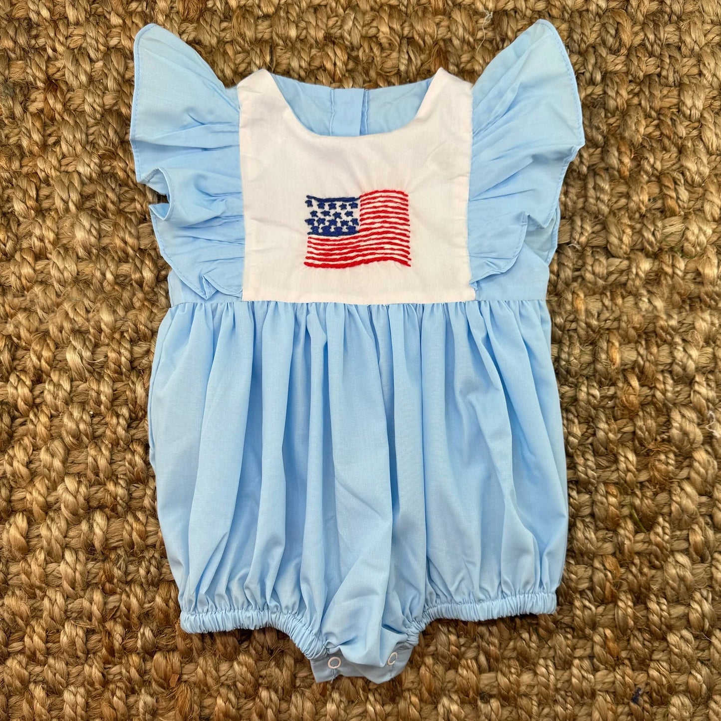 Preorder Baby Girl Infant Short Sleeves July 4th Flag Bubble Blue Romper