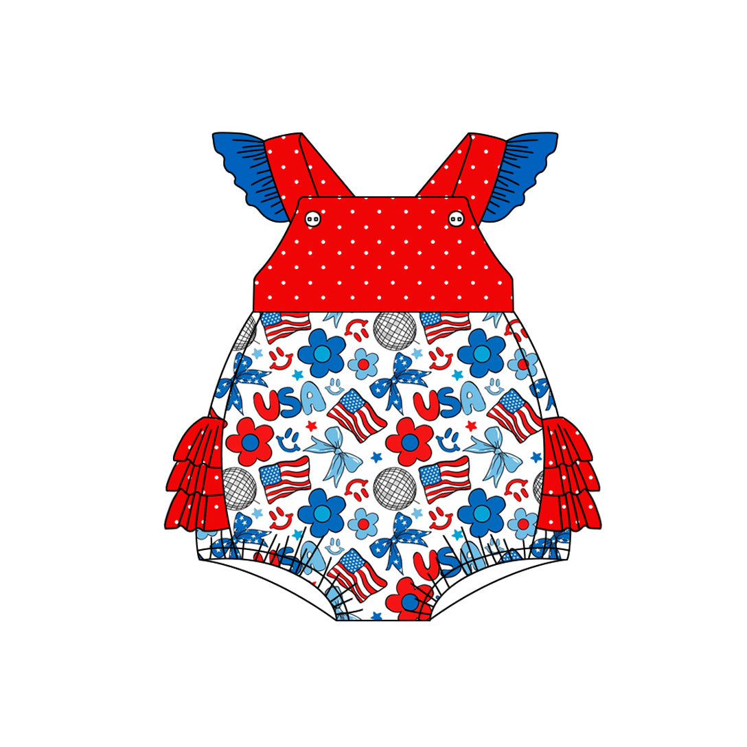 Preorder Baby Girl Short Sleeves July 4th Flags Flower Bows Bubble Ruffle Romper