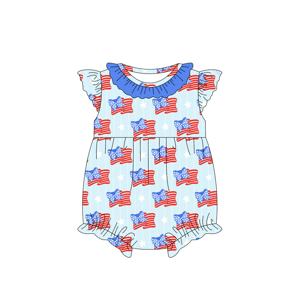 Preorder Baby Girl Infant Short Sleeves July 4th Bows Flags Blue Bubble Romper