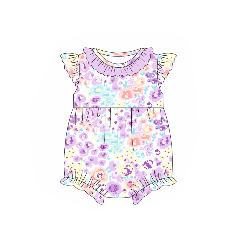 Preorder Baby Girl Infant Short Sleeves  Flower Purple Ruffle Bubble Romper