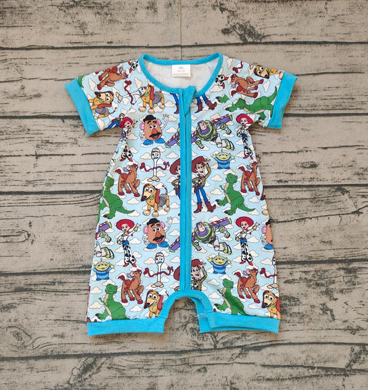 Preorder Baby Boy Infant Short Sleeves Toys Dogs Blue Zipper Romper（No moq )