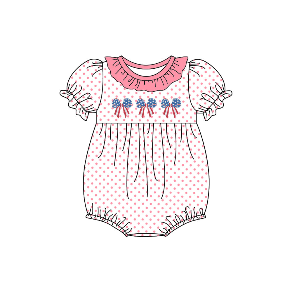 Preorder Baby Girl Infant Short Sleeves July 4th Bows Bubble Romper