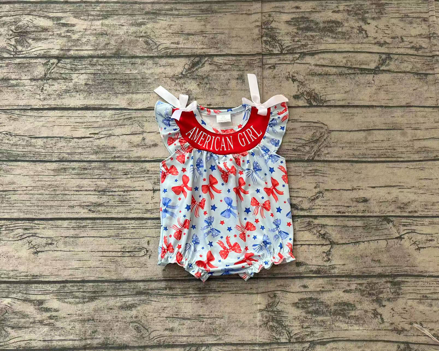 Preorder Baby Girl Infant Short Sleeves Bows Embroidery July 4th Bubble Romper ( No moq )