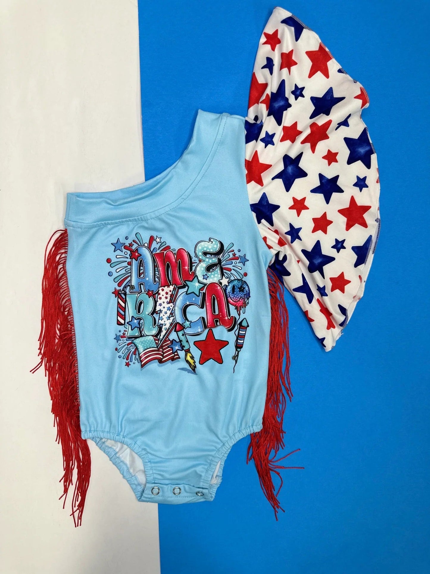 Preorder Baby Girl Infant One Shoulder July 4th Stars America Tassels Romper