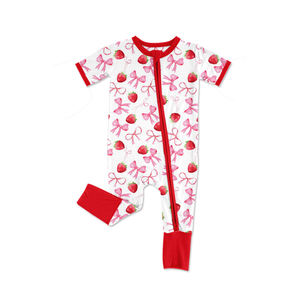 Preorder Baby Girl Infant Short Sleeves Strawberry Bows Zipper Romper
