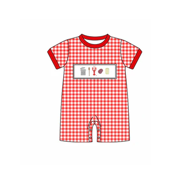 Preorder Baby Boy Infant Short Sleeves Red Checkered Crawfish Romper