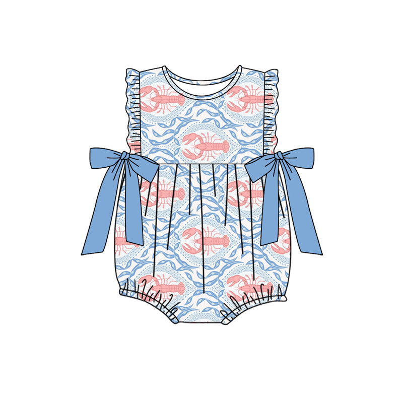 Preorder Baby Girl Infant Sleeveless Crawfish Blue Bows Bubble Romper