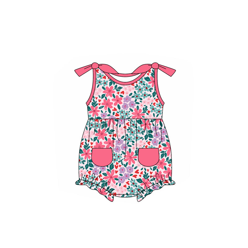 Preorder Baby Girl Infant Sleeveless Flower Pink Pockets Bubble Romper