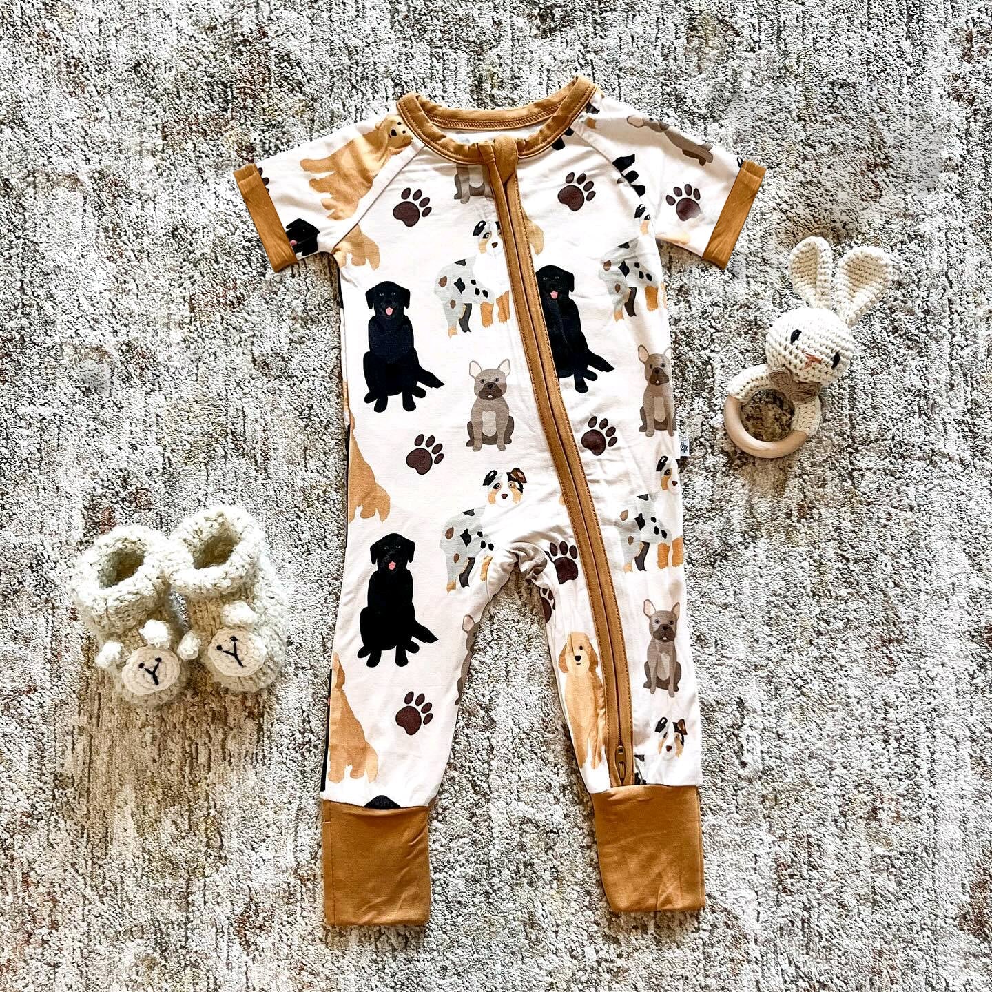 Preorder Baby Boy Infant Short Sleeves Dogs Zip Romper