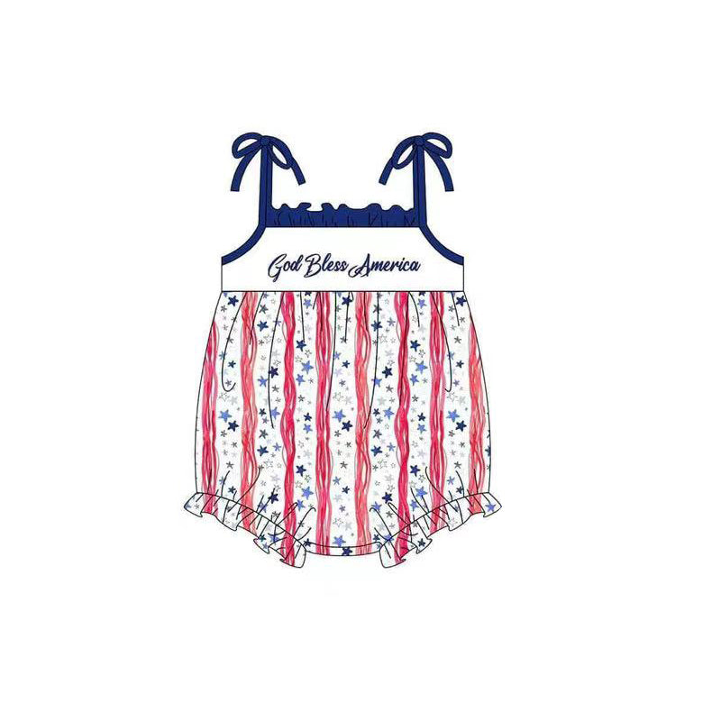 Preorder Baby Girl Infant July 4th Straps God Bless America Bubble Romper ( Moq 5 )