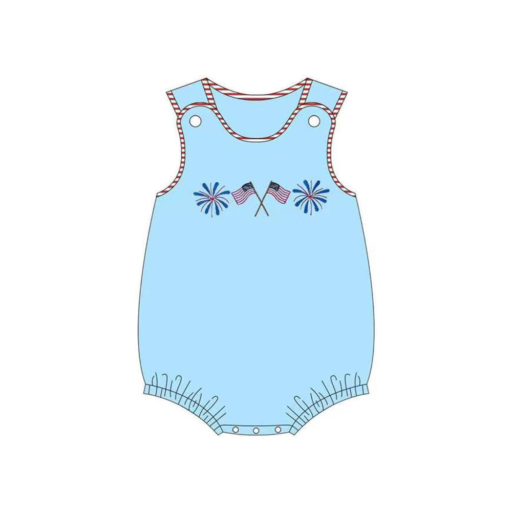 Preorder Baby Boy Infant Sleeveless July 4th Flag Fireworks Blue Bubble Romper ( Moq 5 )