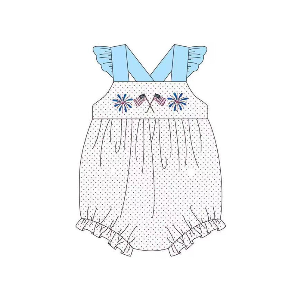 Preorder Baby Girl Infant July 4th Flag Fireworks Dots Bubble Rompers ( Moq 5 )
