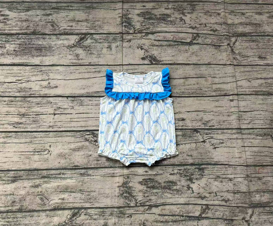 Preorder Baby Girl Infant Short Sleeves Blue Bows Flower Bubble Romper ( No moq )