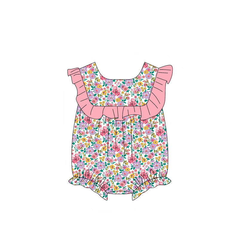 Preorder Baby Girl Infant Short Sleeves Pink Ruffle Floral Bubble Romper ( Moq 5 )