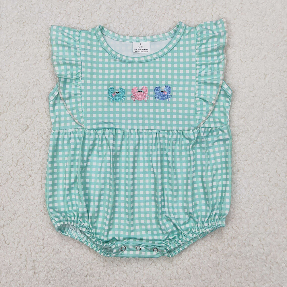 Baby Boy Girl Embroidery Crabs Green Plaid Sibling Summer Romper Outfit Clothes RTS