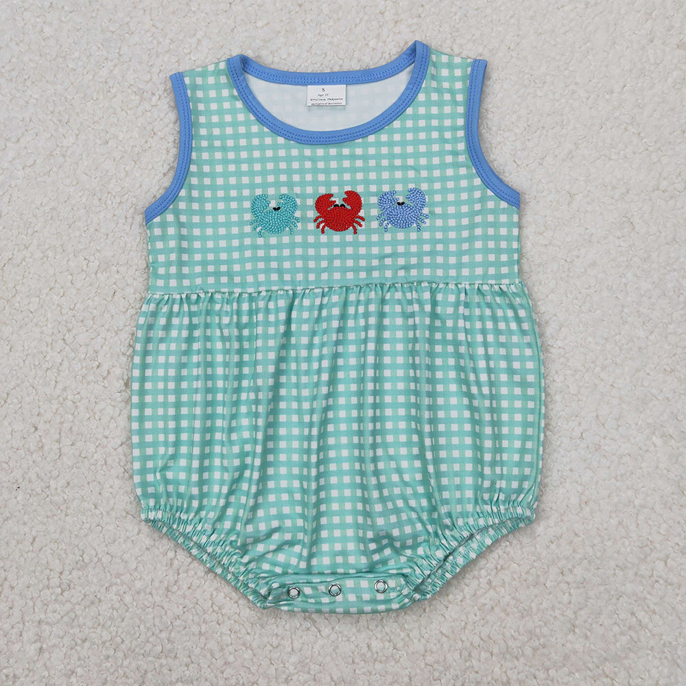 Baby Boy Girl Embroidery Crabs Green Plaid Sibling Summer Romper Outfit Clothes RTS
