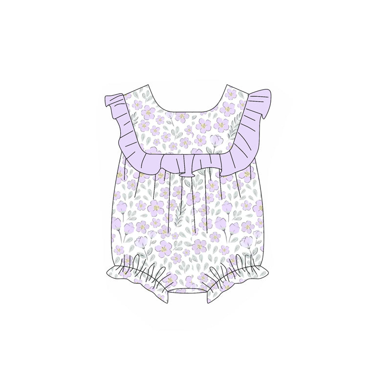 Preorder Baby Girl Infant Short Sleeves Flower Purple Ruffle Bubble Romper ( Moq 5 )